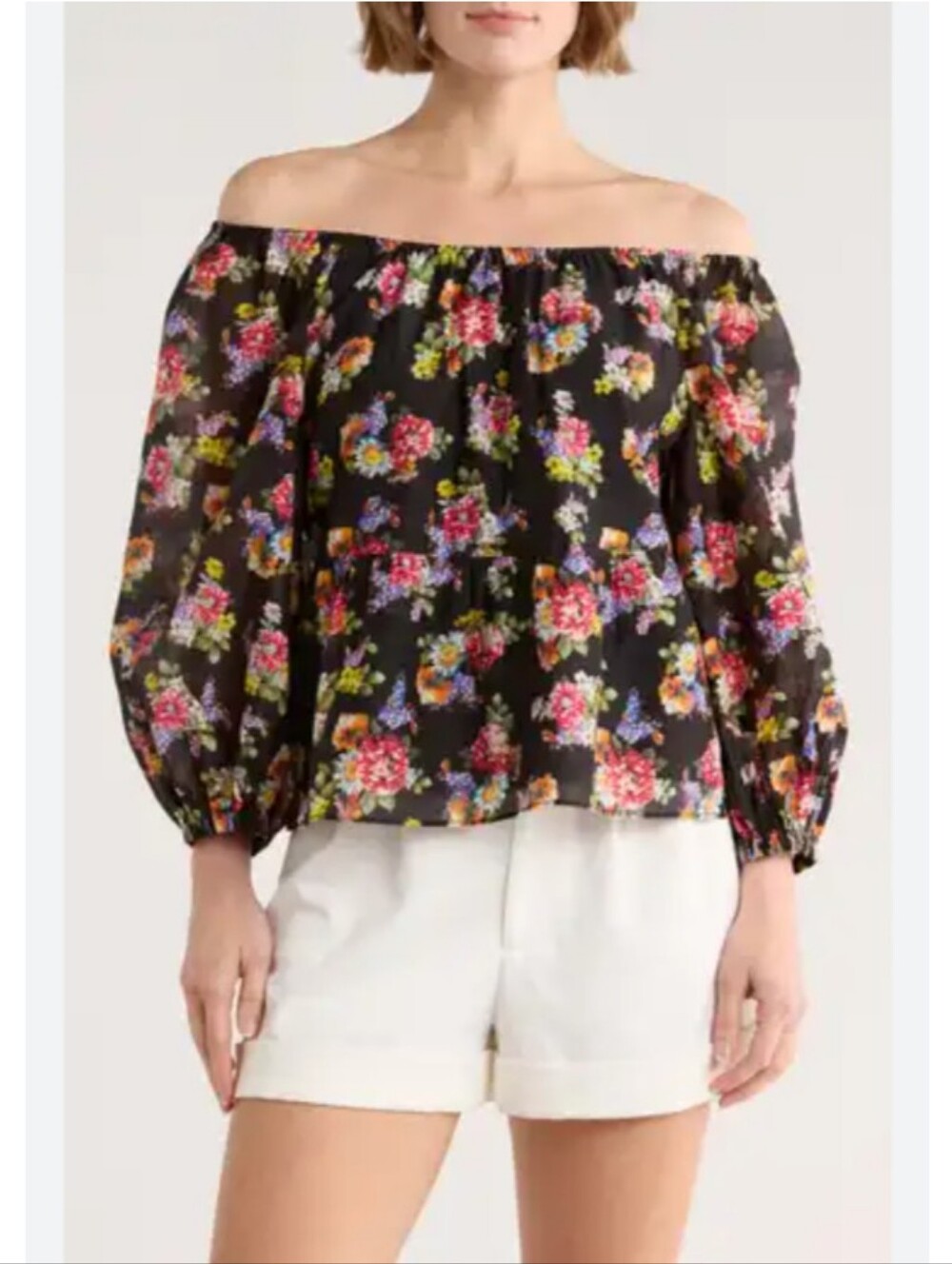 Alice + Olivia Floral Print Silk Blend Peasant Top